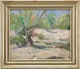 Julie M Wickham, Impressionistic Landscape, Oil on board landscape shows green trees and sandy and grass ground