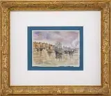 Les Grands Mâts by Paul-Émile Pissarro, Pastel on paper harbor scene shows six large sailing vessels in a French harbor with buildings and factory, sold May 2007