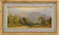 W. W. Gill, Figures in a Mountainous Landscape, Oil on wood panel landscape scene shows two figures walking down a dirt path with a mountainous valley vista behind,