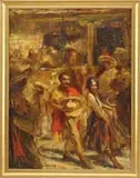 Arnaldo Casella Tamburini, Spanish Fiesta, Oil on board scene shows a man and woman dancing amongst a group of musicians with other people at tables
