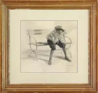 Jerome Myers, Boy on a Bench, Black crayon/charcoal on paper scene shows a boy seated on a park bench with head resting in hands