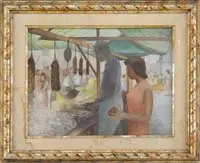 Loïs Mailou Jones, The Market, Oil on masonite scene shows a marketplace with awnings and shoppers