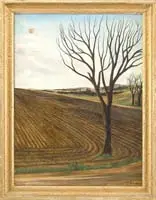 Jean Ève, La Terre Au Moment Du Labour, Oil on canvas surrealistic scene shows a bare tree at the end of a cultivated field under a cloud and blue sky
