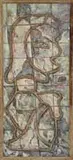 Charles Mehols, Stone Age, Oil on canvas abstract scene shows a line figure in relief against a mottled squared background