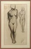 Harriet Elizabeth Wilcox, Sketch of a Female Nude, Charcoal sketch on paper of a nude woman next to an outline sketch of a figure