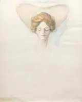 Hearts by Unsigned, Unfinished Art-Nouveau portrait of a young woman. The pencil sketch has watercolor highlights, sold May 2007
