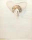 Unsigned, Hearts, Unfinished Art-Nouveau portrait of a young woman. The pencil sketch has watercolor highlights