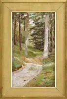 Robert Bolling Brandegee, Twin Lakes, Oil on canvas mounted on board summer landscape shows a dirt road winding through grass covered forest