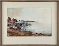 J.M. Rogers, Quiet Cove, Watercolor scene shows a wharf with colorful fishing shacks, beach and sailboat