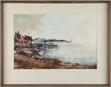 J.M. Rogers, Quiet Cove, Watercolor scene shows a wharf with colorful fishing shacks, beach and sailboat