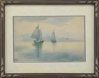 D.M., Calm Sail, Watercolor scene shows two sailboats on a calm ocean