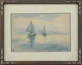 D.M., Calm Sail, Watercolor scene shows two sailboats on a calm ocean