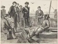 John Philip Davis, On the Mississippi at Fort Jackson, Engraving from a newspaper type publication shows military men surrounding an Afro-American seated in a small sailboat