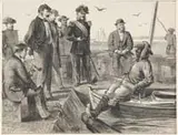 John Philip Davis, On the Mississippi at Fort Jackson, Engraving from a newspaper type publication shows military men surrounding an Afro-American seated in a small sailboat