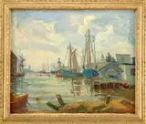 Joe Rimini, Gloucester Harbor, Oil on canvas harbor scene shows several fishing schooners at dock with other boats, figures and buildings