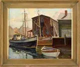 J. J. Enwright, The Harbor, Oil on canvas of harbor scene shows two fishing boats moored side by side next to dock buildings
