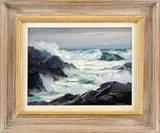 Paul Strisik, Bass Rocks, Fine oil on board scene shows crashing waves on coastal rocks