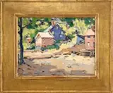 Walter Farndon, Shoreline Houses, Oil on canvas board summer scene shows several colorful houses and green trees at edge of shoreline