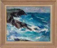 Nicholas Luisi, Monhegan Surf, Oil on canvas coastal scene shows bright blue and white waves crashing onto rocky shore