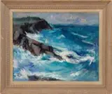 Nicholas Luisi, Monhegan Surf, Oil on canvas coastal scene shows bright blue and white waves crashing onto rocky shore