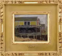 Eric Hudson, Boat House, Oil on board scene shows a row of buildings on pylons, one with an open side having to men