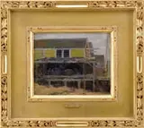 Eric Hudson, Boat House, Oil on board scene shows a row of buildings on pylons, one with an open side having to men