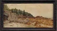 Albert Thompson Bricher, Rocks and Seaweed, Watercolor coastline scene of a beach at low tide with seaweed covered rocks and pine covered bluff
