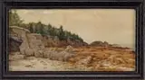 Albert Thompson Bricher, Rocks and Seaweed, Watercolor coastline scene of a beach at low tide with seaweed covered rocks and pine covered bluff