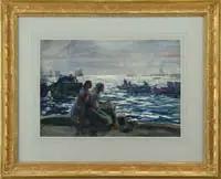 John Whorf, Two Women at Waters Edge, Fine watercolor scene shows two women at edge of water looking out on several dories and boats in a moonlit sky