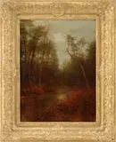 Homer Dodge Martin, Forest Stream, Oil on canvas landscape scene shows a stream running through thick woods. The banks having a flower and brush cover