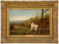 J. C. Durand, Flushing the Pheasant, Fine oil on canvas landscape scene shows a hunting dog gazing out over a fall landscape with a pheasant in flight