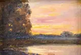 William S. Gurry, Two Works: Swimmers Day, Nahant & Sunset on the Charles River, 1) Oil on artist board of coastal scene shows two sailboats off a beach with rock ledge and waves