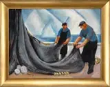 Emily Lansingh Muir, Net Fisherman-Stonington, Maine, Oil on canvas scene shows two men on a boat working with a large net with side floats