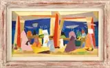 Emily Lansingh Muir, ) “West Indies Market, No, 3”. Oil on canvas abstract scene shows a colorful group of costumed people with line drawn heads and full color clothing