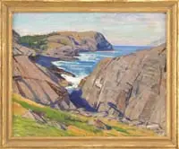 John Sharman, Monhegan Headland, Oil on masonite shows scene of Monhegan coastline with large cliffs, grass and tree covered bluffs