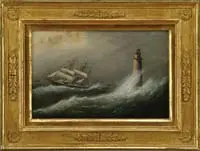 Clement Drew, Minot’s Light, Northeast Gale, Oil on canvas scene shows waves crashing onto white lighthouse and ship with half sail in angry seas sailing by