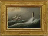 Clement Drew, Minot’s Light, Northeast Gale, Oil on canvas scene shows waves crashing onto white lighthouse and ship with half sail in angry seas sailing by