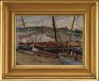James P. Michael, Low Tide Maldon, Oil on board depicting sailing vessels at low tide