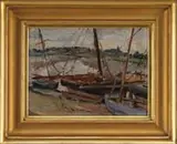 James P. Michael, Low Tide Maldon, Oil on board depicting sailing vessels at low tide