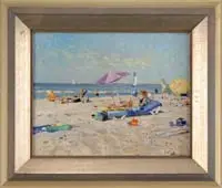 Niek Van der Plas, Relaxing at the Beach, Oil on canvas summer beach scene shows several beach goers on chaise lounges, colorful blankets, towels and umbrellas