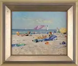 Niek Van der Plas, Relaxing at the Beach, Oil on canvas summer beach scene shows several beach goers on chaise lounges, colorful blankets, towels and umbrellas