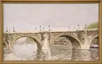 Vanessa Bell, Bridges Crossing the Thames, Oil on canvas laid on wood panel scene shows an arched stone bridge over river with other similar bridges beyond