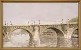 Vanessa Bell, Bridges Crossing the Thames, Oil on canvas laid on wood panel scene shows an arched stone bridge over river with other similar bridges beyond