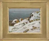 Edward Willis Redfield, Monhegan Winter, Oil on board winter scene shows snow covered rocky coast with bluish-green water
