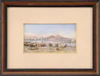 G. Giutti, Naples Harbor, Fine watercolor scene shows several fishing boats on dry beach with Naples in the background and volcano spewing smoke