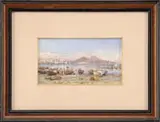G. Giutti, Naples Harbor, Fine watercolor scene shows several fishing boats on dry beach with Naples in the background and volcano spewing smoke