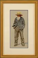 R. Benjamin Jones, Pennsylvania Farmer, Gouache portrait of a farmer in brownish/gray outfit wearing a straw hat with gray band and having a long white beard