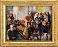 Martha C. Walter, Ellis Island, Oil on masonite. Scene shows a crowd of immigrants crowded in a interior of a building