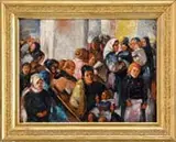Martha C. Walter, Ellis Island, Oil on masonite. Scene shows a crowd of immigrants crowded in a interior of a building