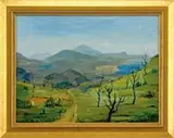 Henry Curtis Ahl, View from Summit Cold Spring Trail, Santa Barbara California, Oil on canvas board shows a summer landscape with mountains, water and fields